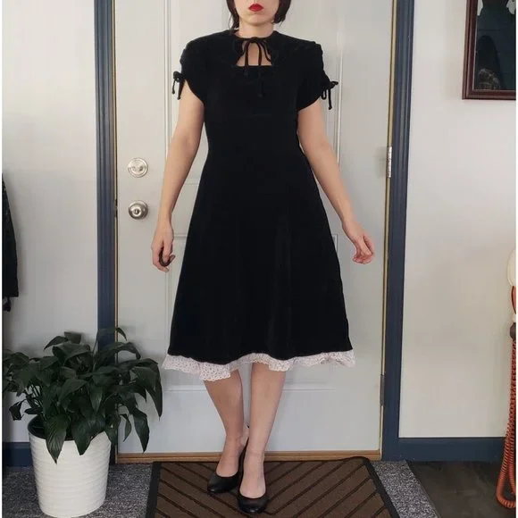 50s Black Velvet Party Dress - Picture 1 of 5